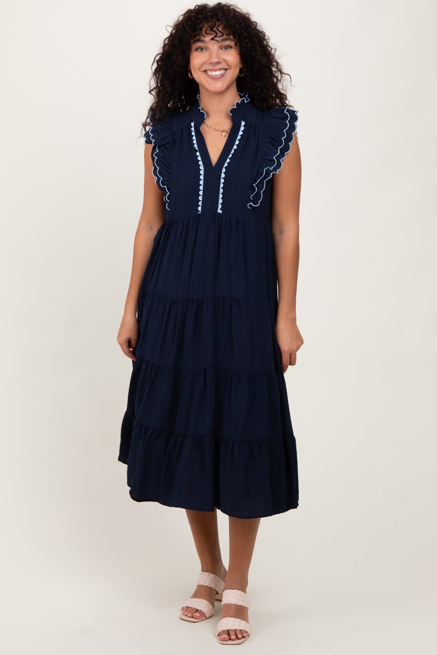 Navy Scallop Detail Tiered Maternity Midi Dress