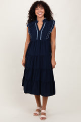 Navy Scallop Detail Tiered Maternity Midi Dress