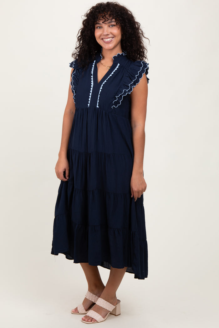 Navy Scallop Detail Tiered Midi Dress