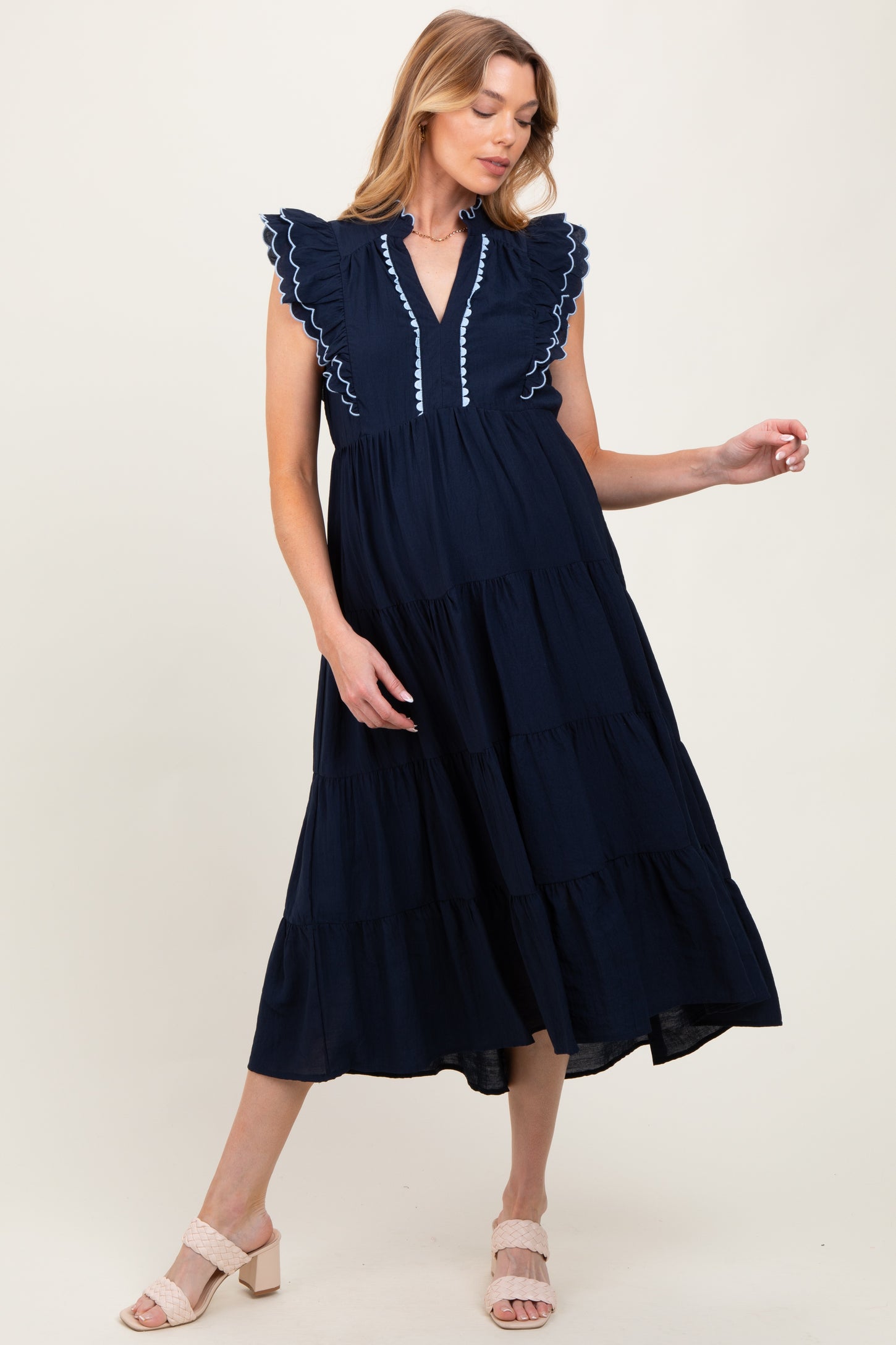 Navy Scallop Detail Tiered Maternity Midi Dress
