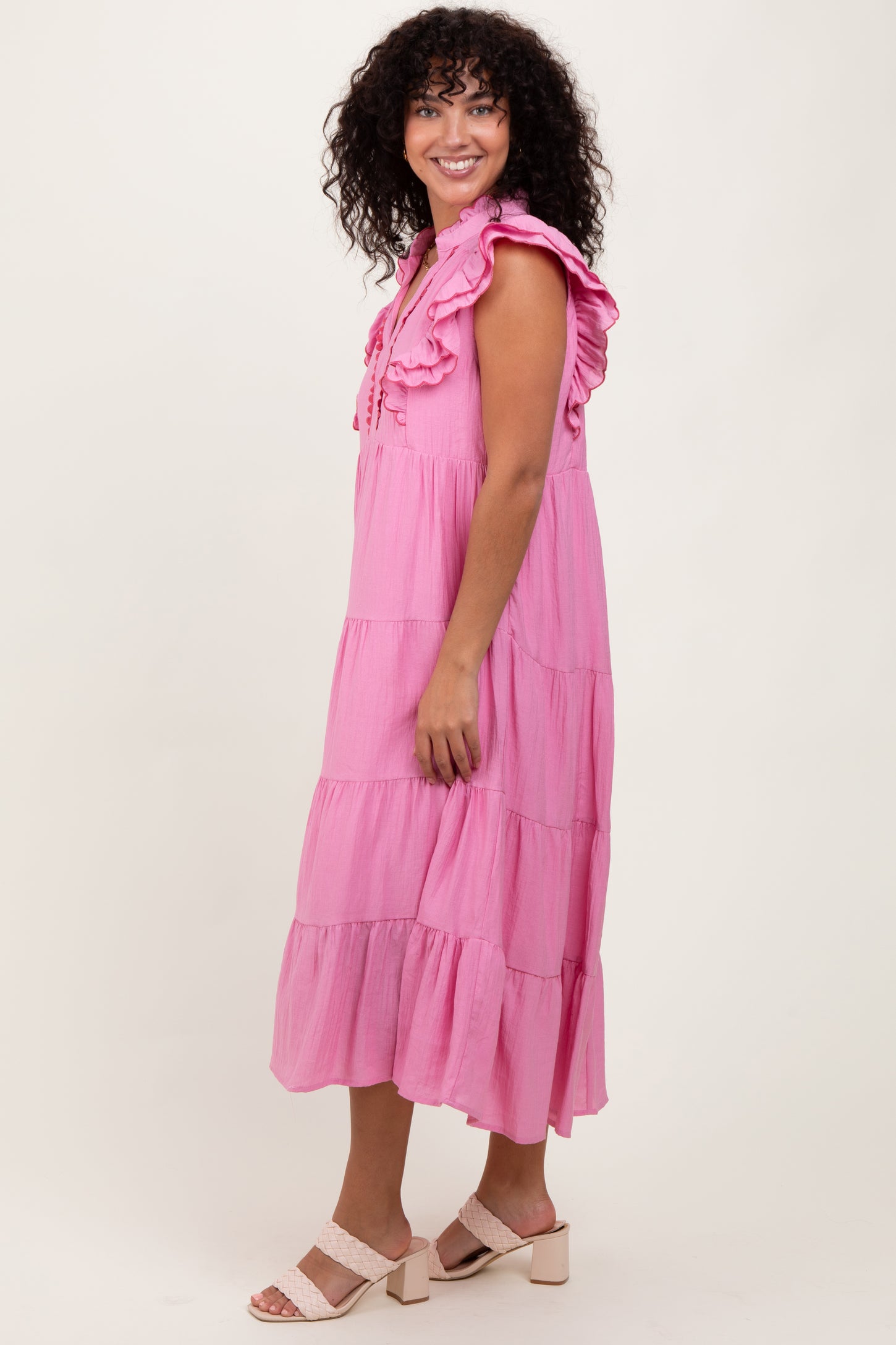 Pink Scallop Detail Tiered Midi Dress
