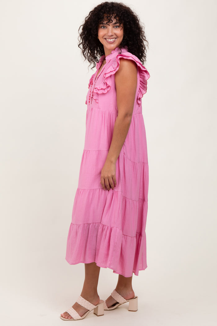 Pink Scallop Detail Tiered Midi Dress