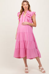 Pink Scallop Detail Tiered Maternity Midi Dress