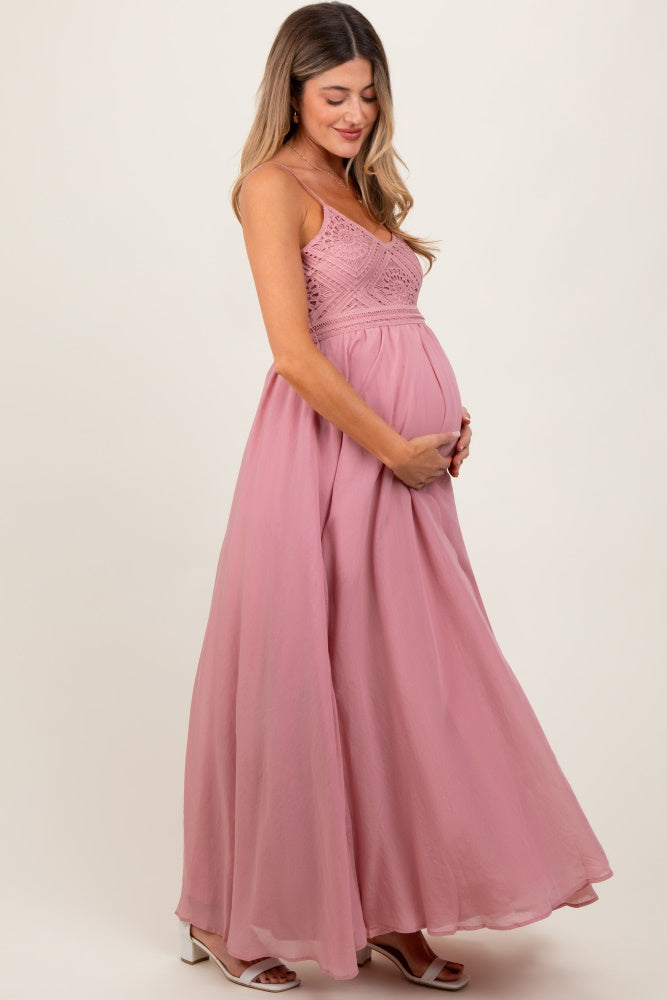 Mauve Crochet Bodice Maternity Maxi Dress