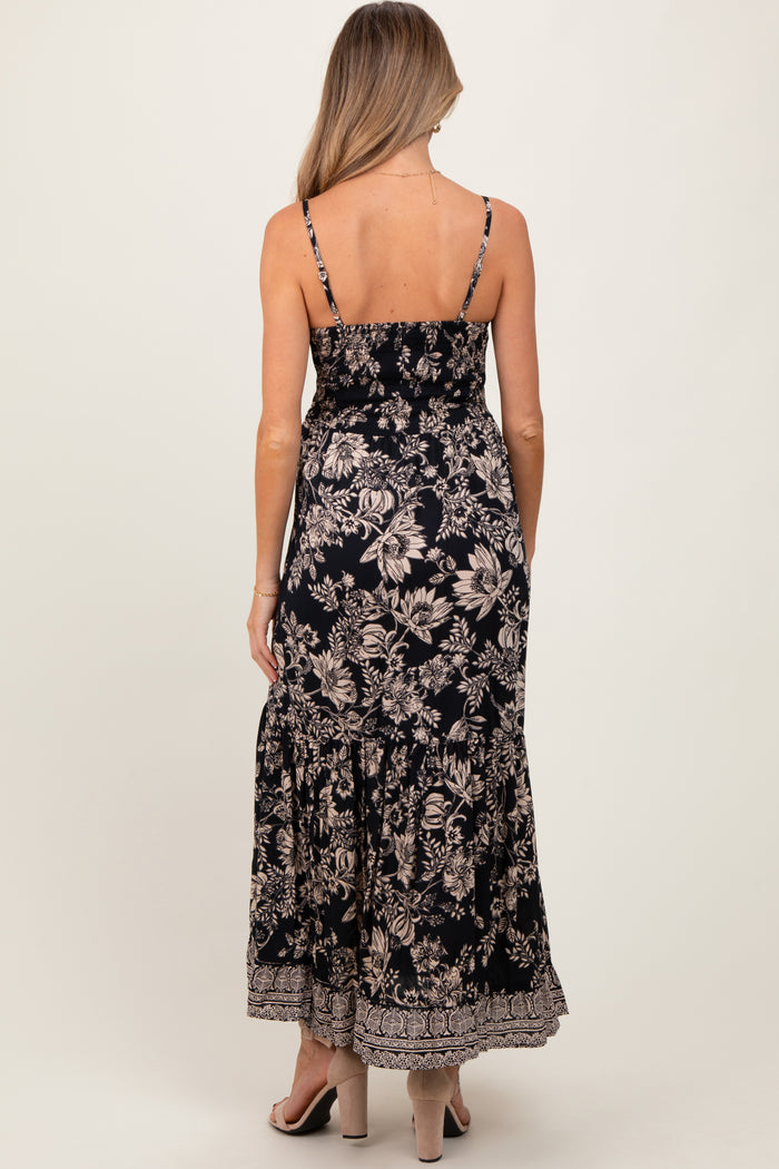 Black Floral Twist Front Cut Out Maternity Maxi Dress
