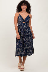 Navy Floral Twist Front Cut Out Maternity Midi Dress