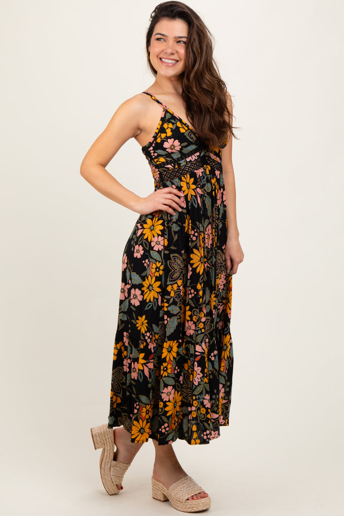 Black Floral Lace Inset Midi Dress