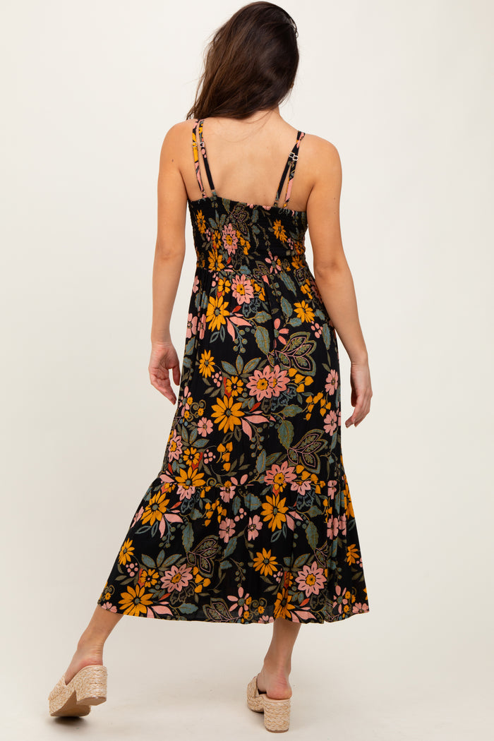 Black Floral Lace Inset Midi Dress