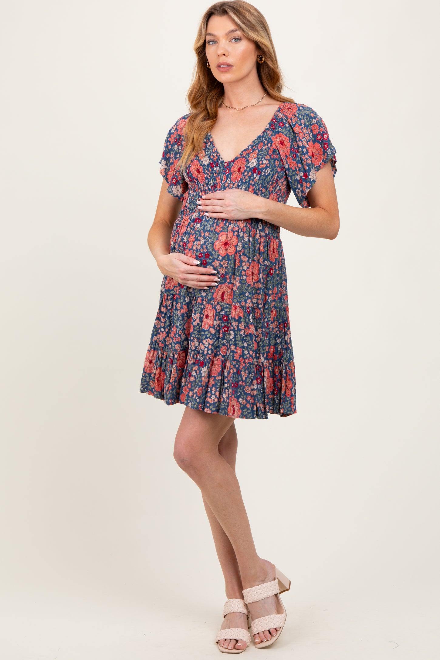Blue Floral Smocked V-Neck Flutter Sleeve Maternity Dress
