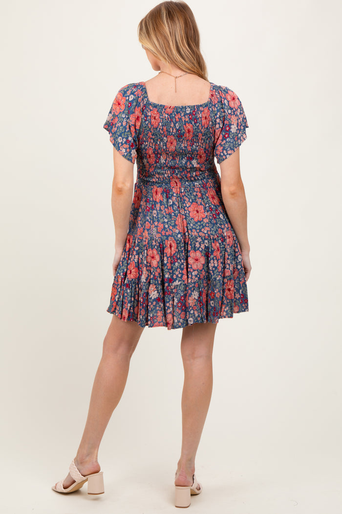 Blue Floral Smocked V-Neck Flutter Sleeve Maternity Dress