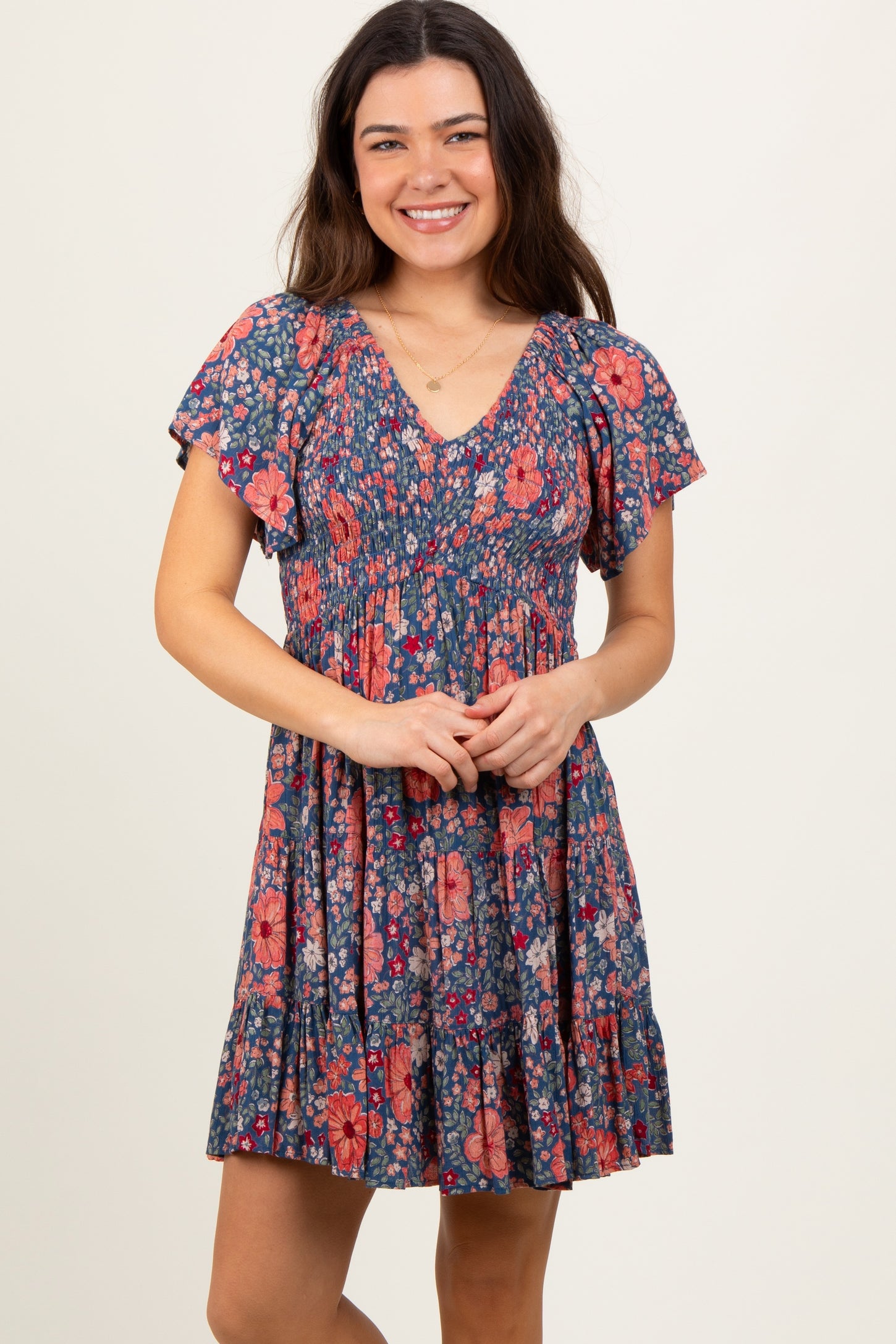 Blue Floral Smocked V-Neck Flutter Sleeve Maternity Dress
