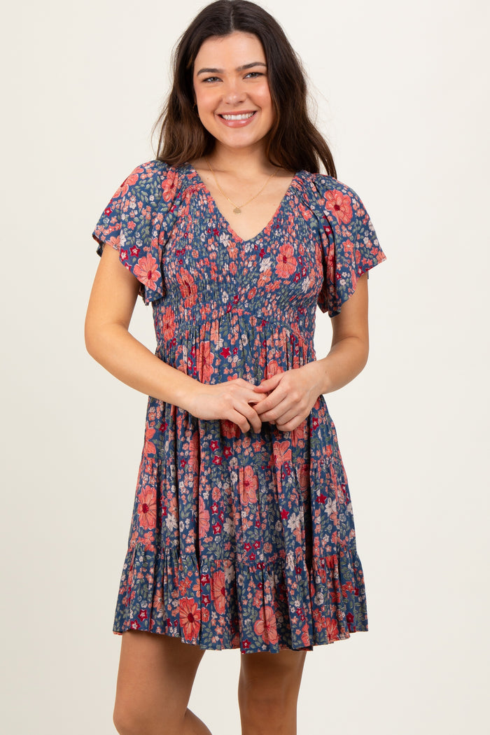 Blue Floral Smocked V-Neck Flutter Sleeve Maternity Dress