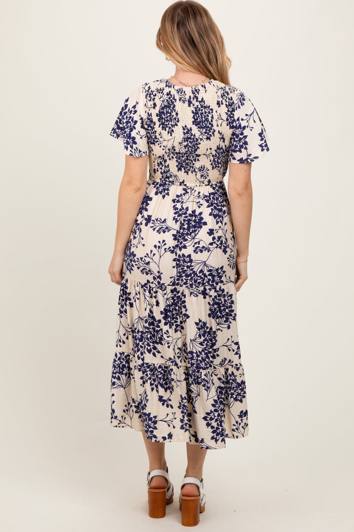 Navy Floral Smocked Ruffle Hem Midi Dress