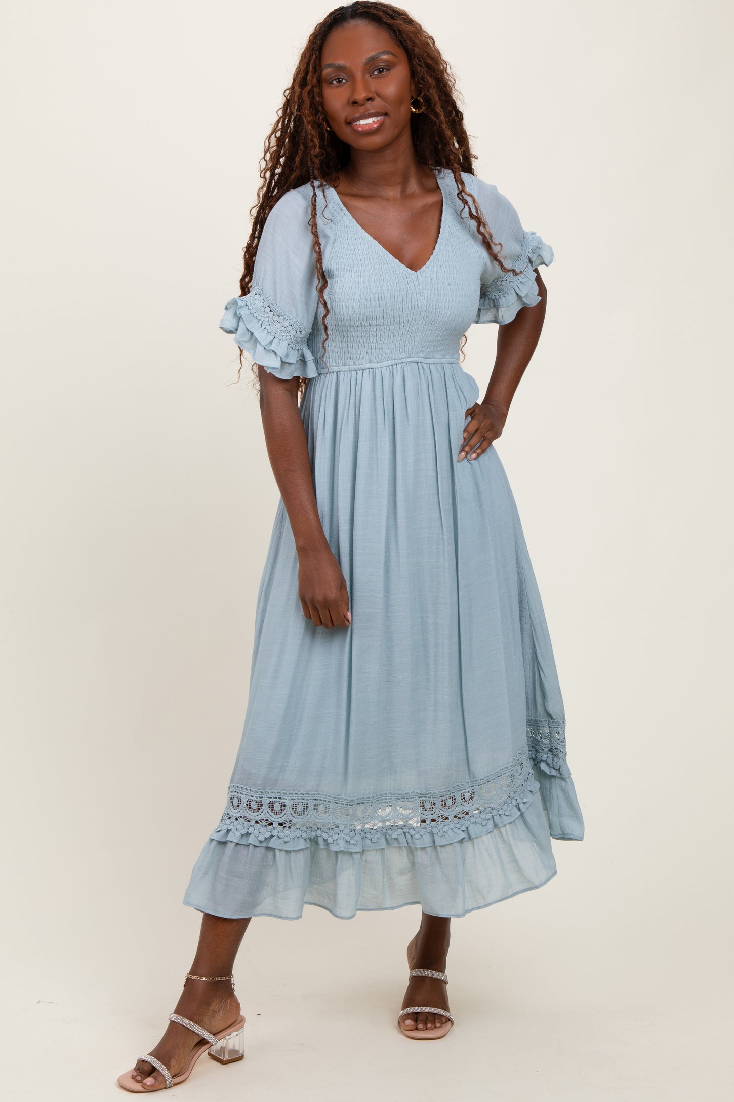 Light Blue Smocked Crochet Ruffle Trim Maternity Midi Dress