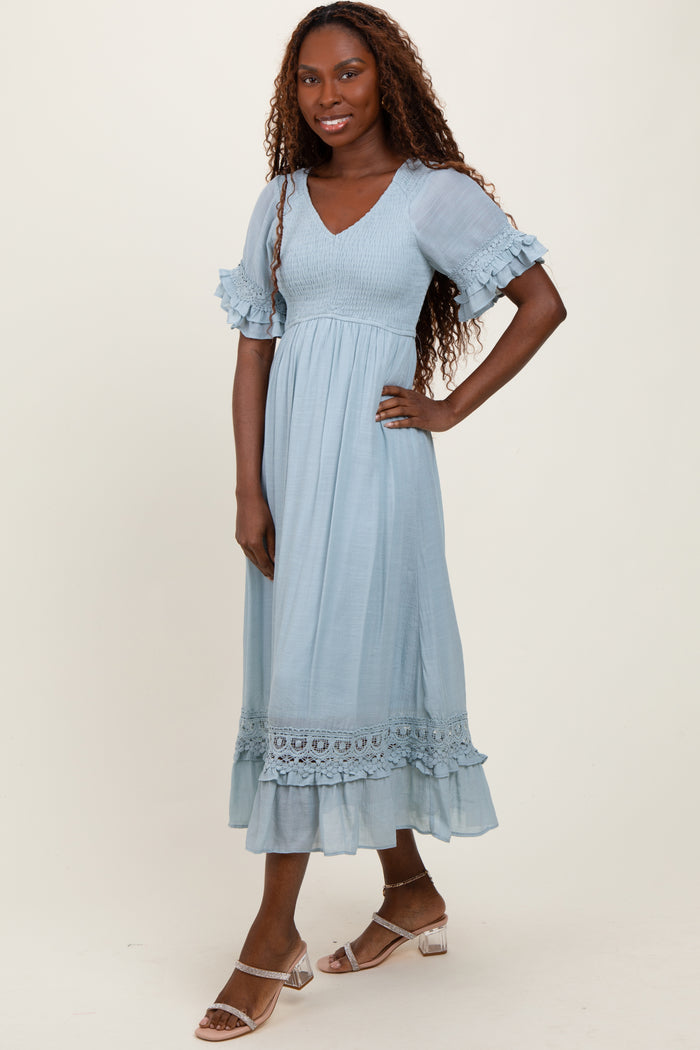 Light Blue Smocked Crochet Ruffle Trim Midi Dress
