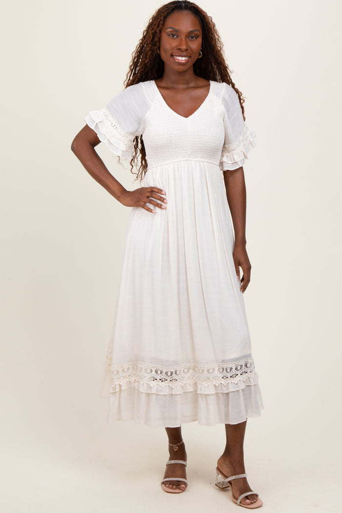 Cream Smocked Crochet Ruffle Trim Maternity Midi Dress