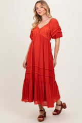 Rust Crochet Detail Bodice Midi Dress
