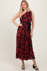 Red Floral Print Plisse One Shoulder Maternity Maxi Dress