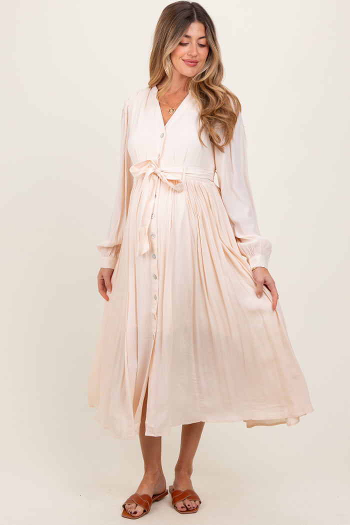 Beige Belted Long Sleeve Maternity Maxi Dress