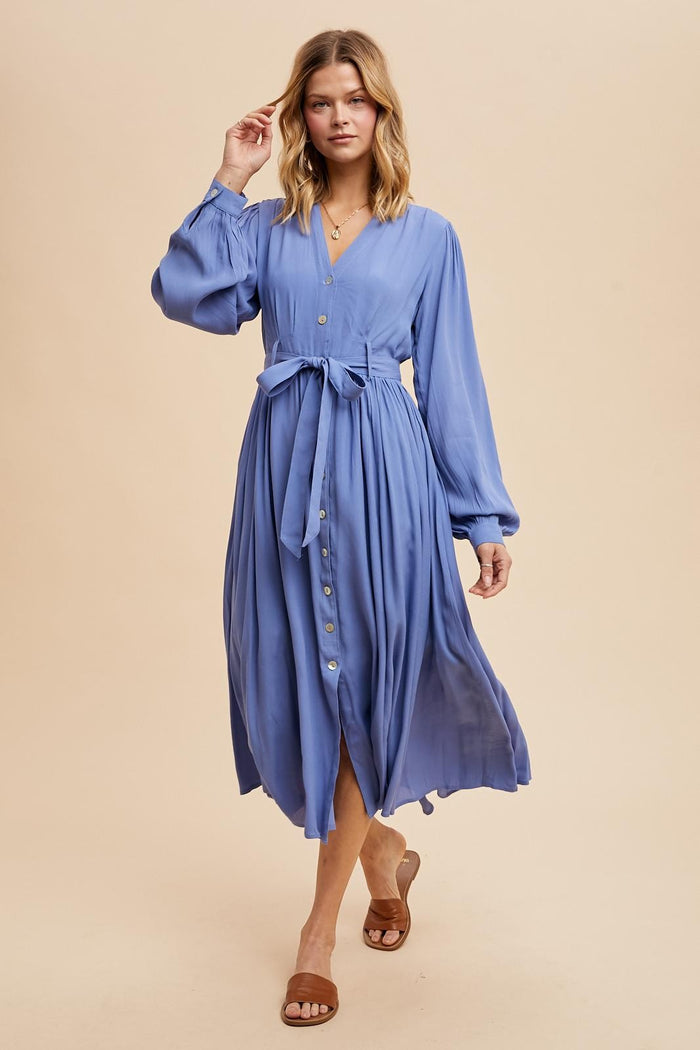 Blue Belted Long Sleeve Maxi Dress