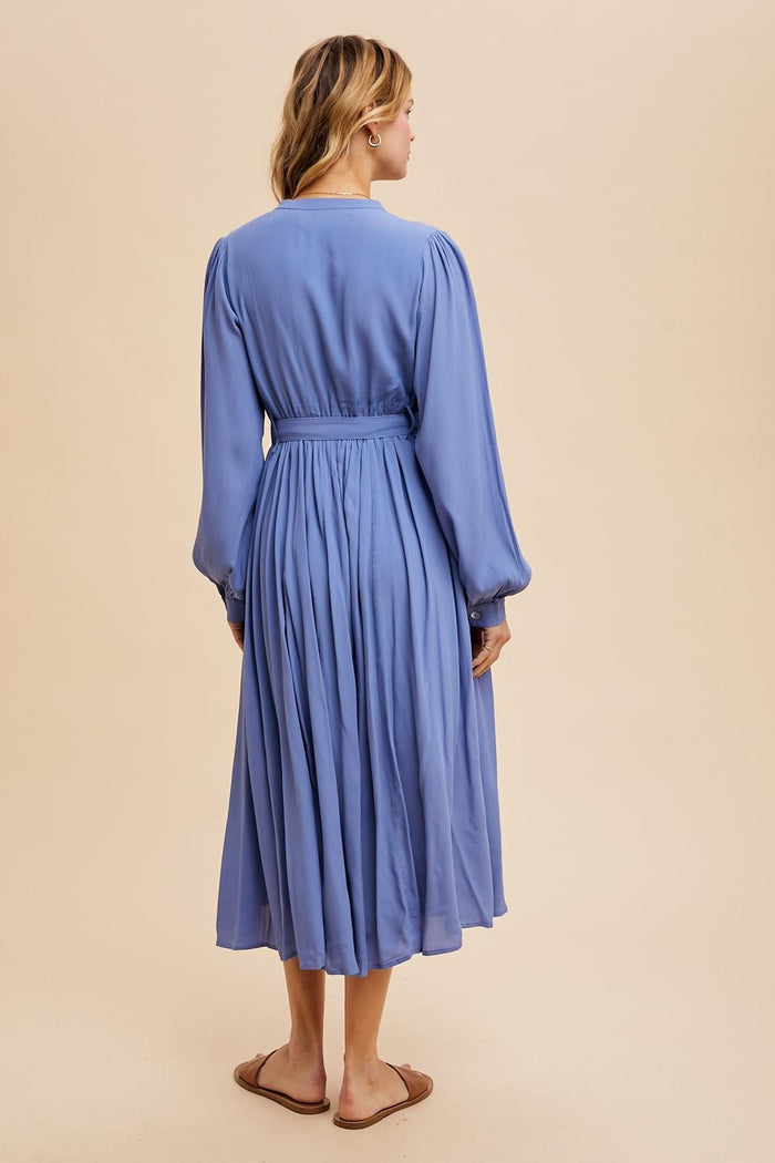 Blue Belted Long Sleeve Maxi Dress