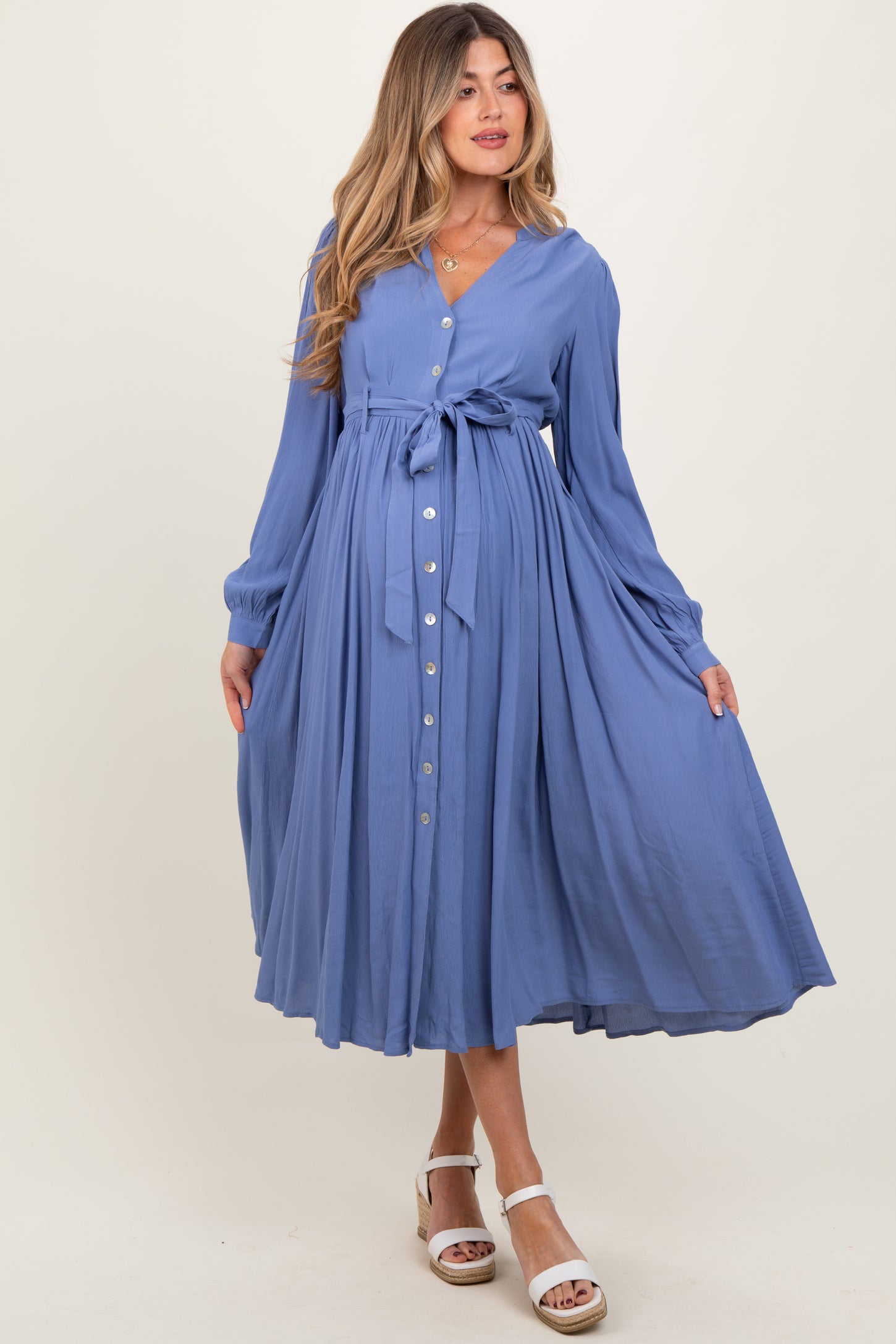 Blue Belted Long Sleeve Maternity Maxi Dress