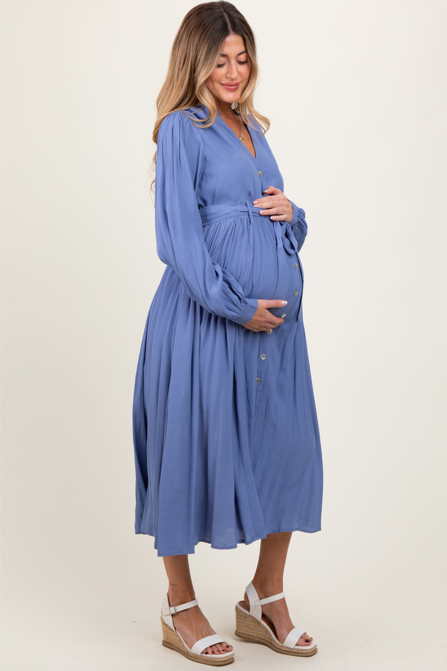 Blue Belted Long Sleeve Maternity Maxi Dress