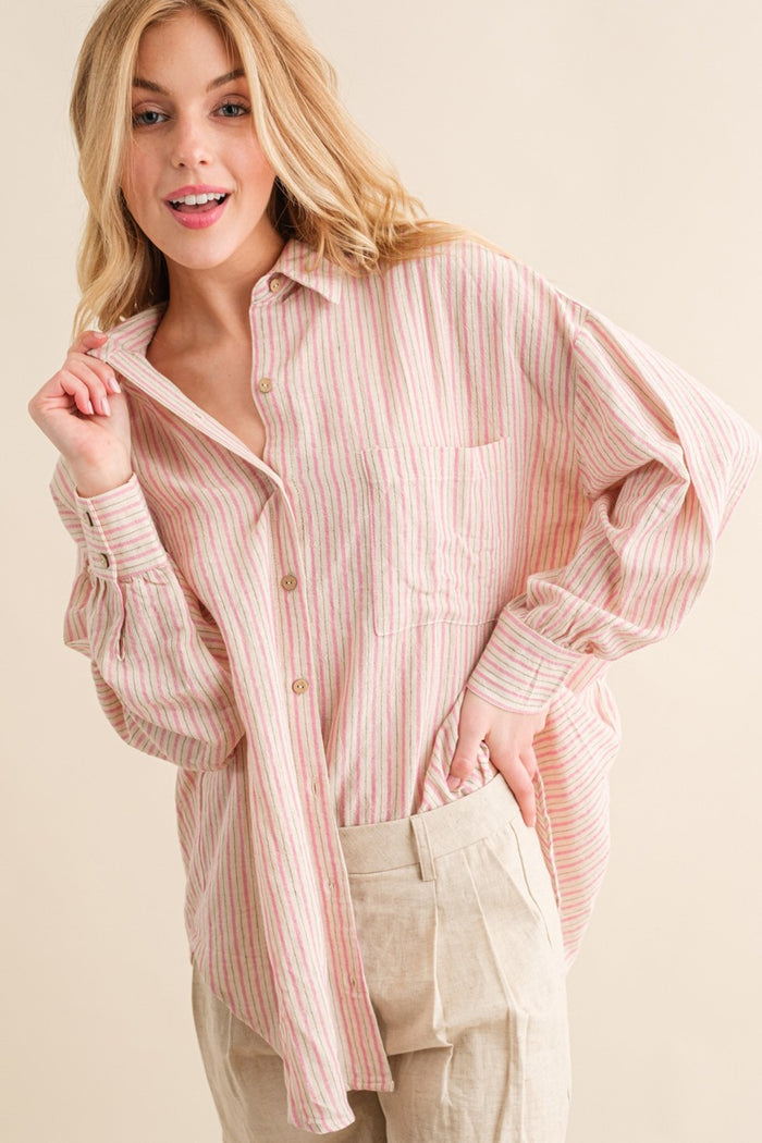 Pink Stripe Oversized Button Down Maternity Shirt