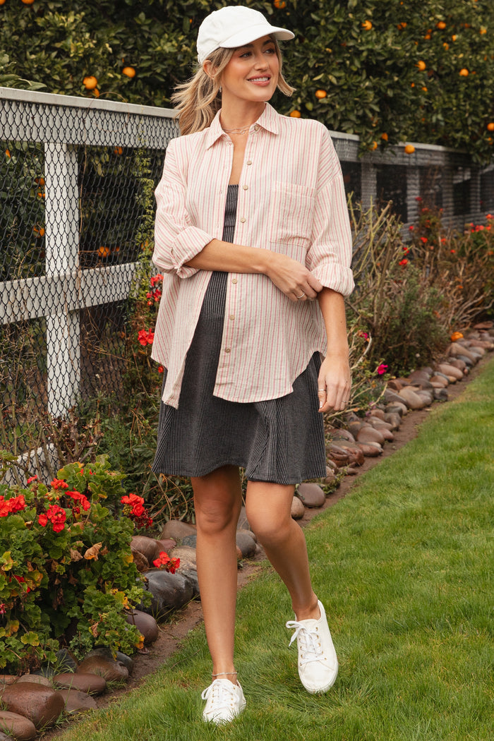 Pink Stripe Oversized Button Down Maternity Shirt