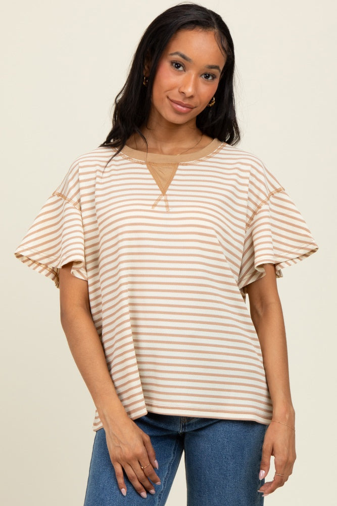 Light Taupe Striped Ribbed Relaxed Short Sleeve Maternity Top