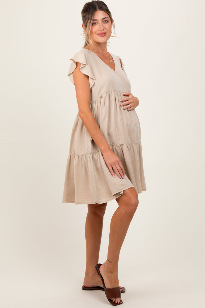 Beige Flutter Sleeve Tiered Maternity Dress