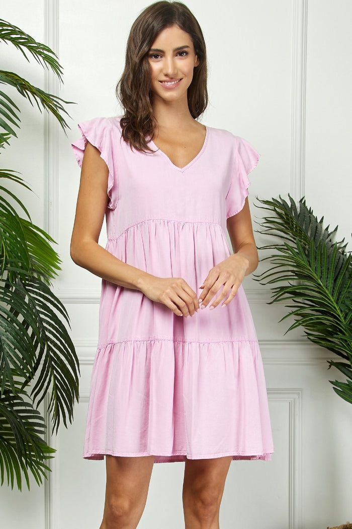 Light Pink Flutter Sleeve Tiered Dress