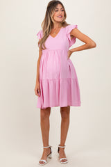 Light Pink Flutter Sleeve Tiered Maternity Dress