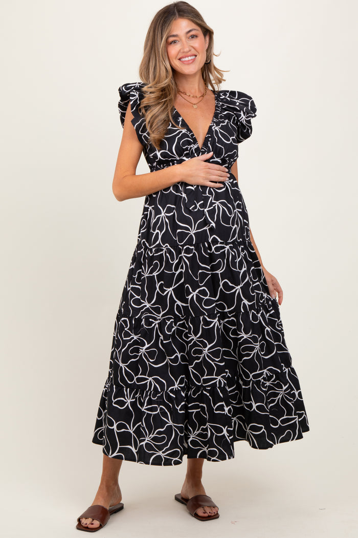 Black Bow Print Ruffle Hem Maternity Midi Dress