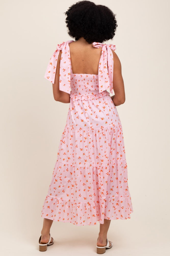 Light Pink Floral Striped Smocked Shoulder Tie Maxi Dress