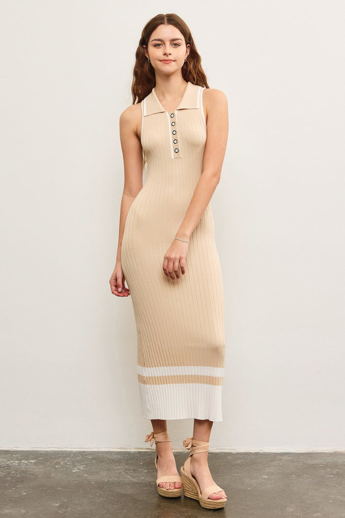 Beige Knit Colorblock Stripe Sleeveless Polo Maternity Dress