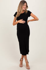 Black Basic Crewneck Maternity Midi Dress