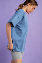 Blue Oversized V-Neck Side Slit Tee