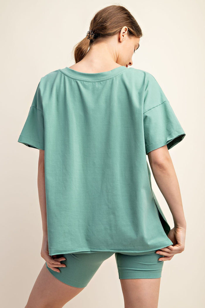 Light Olive Oversized V-Neck Side Slit Tee