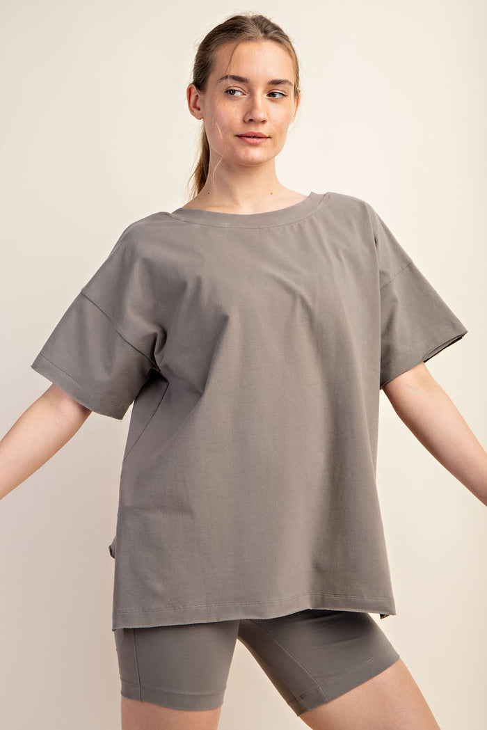 Olive Oversized V-Neck Side Slit Tee