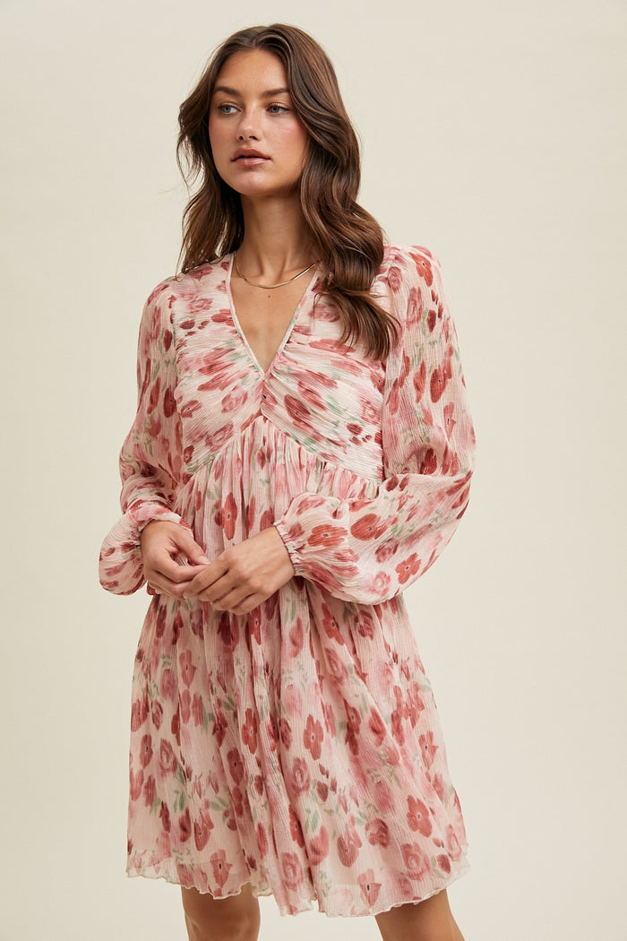 Light Pink Floral Chiffon Plisse Maternity Mini Dress