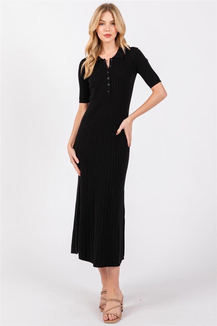 Black Ribbed Knit Button Up Midi Dress