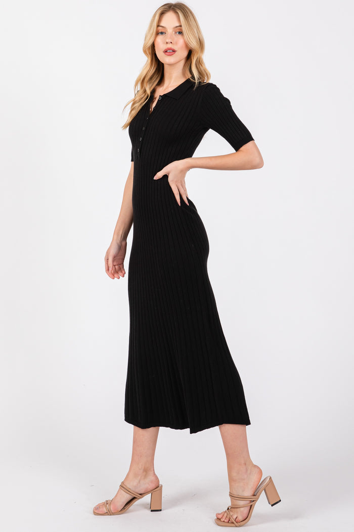 Black Ribbed Knit Button Up Midi Dress