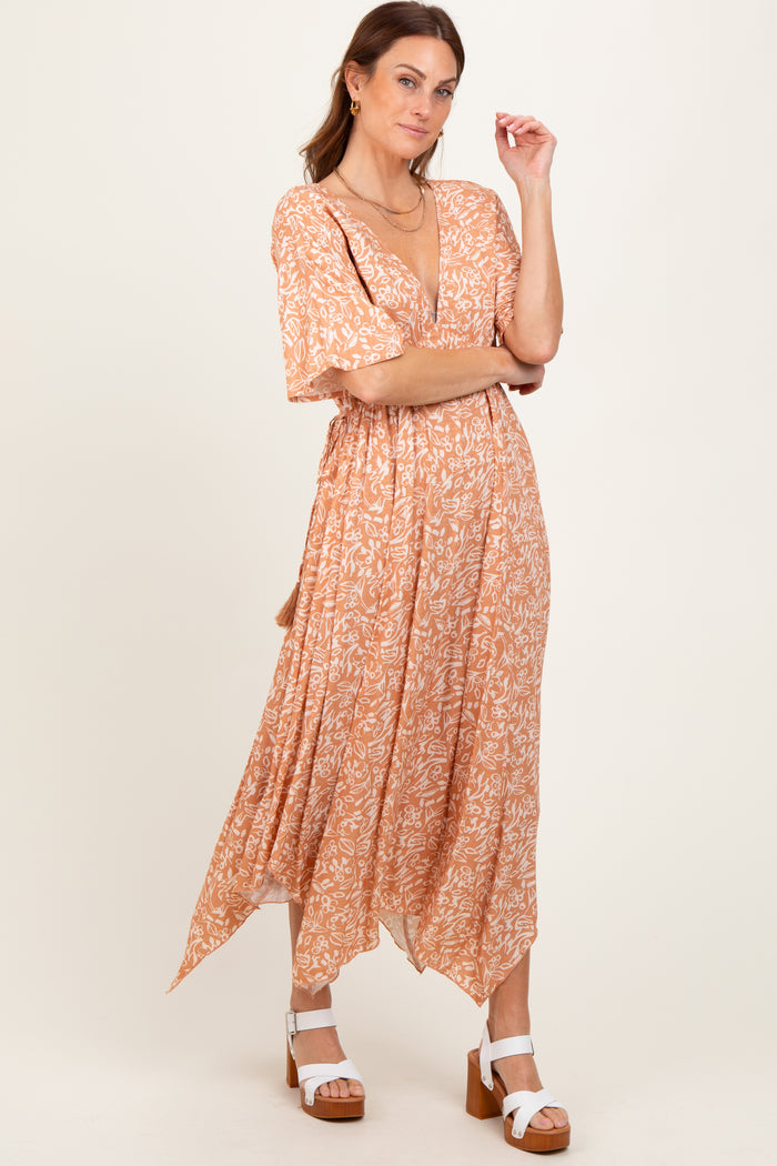 Peach Floral V-Neck Flutter Sleeve Maxi Dress