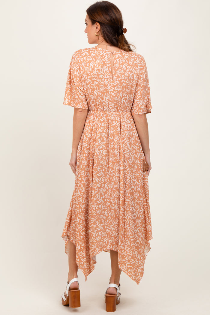 Peach Floral V-Neck Flutter Sleeve Maxi Dress