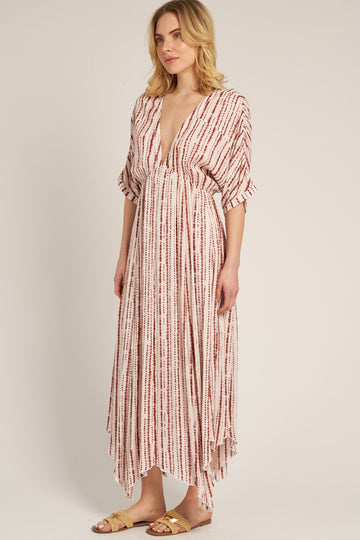 woman wearing a patterned maxi dress with a deep v-neckline and flutter sleeves, styled with tan sandals