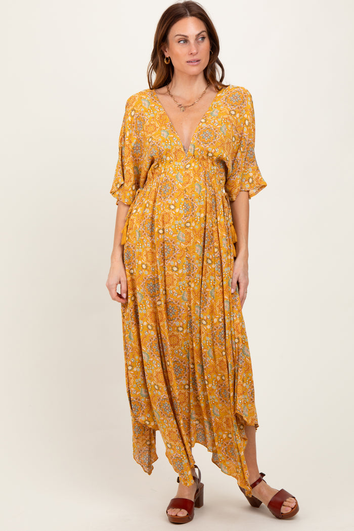 Yellow Printed Deep V-Neck Handkerchief Hem Maxi Dress