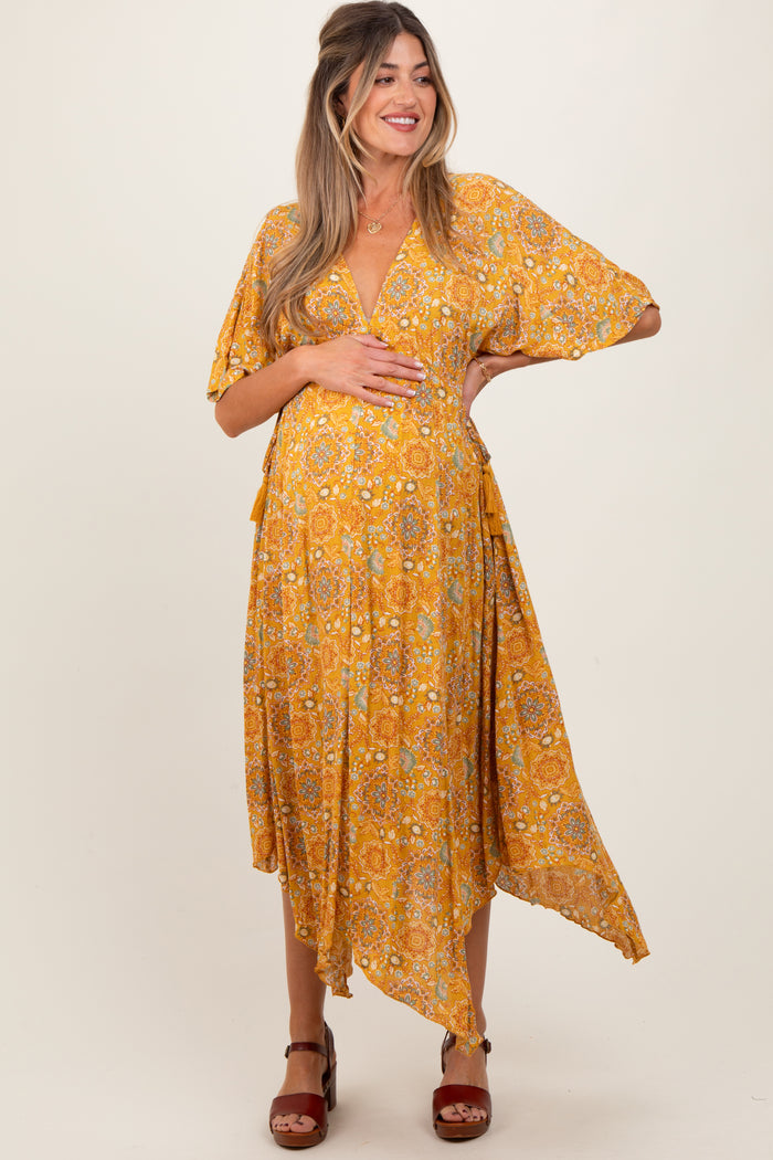 Yellow Printed Deep V-Neck Handkerchief Hem Maternity Maxi Dress