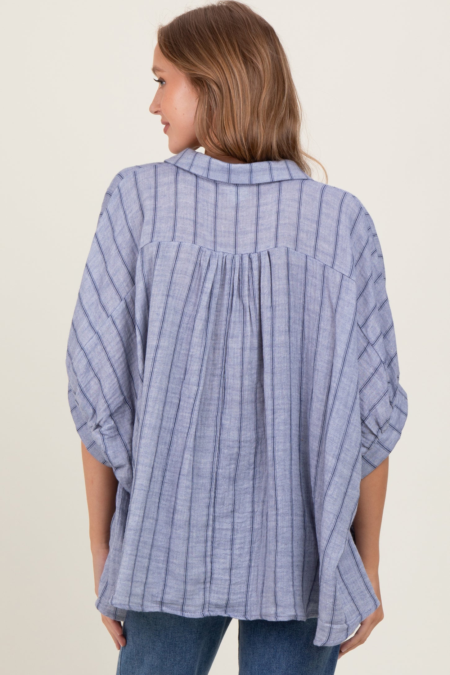 Blue Striped Collared Oversized Top
