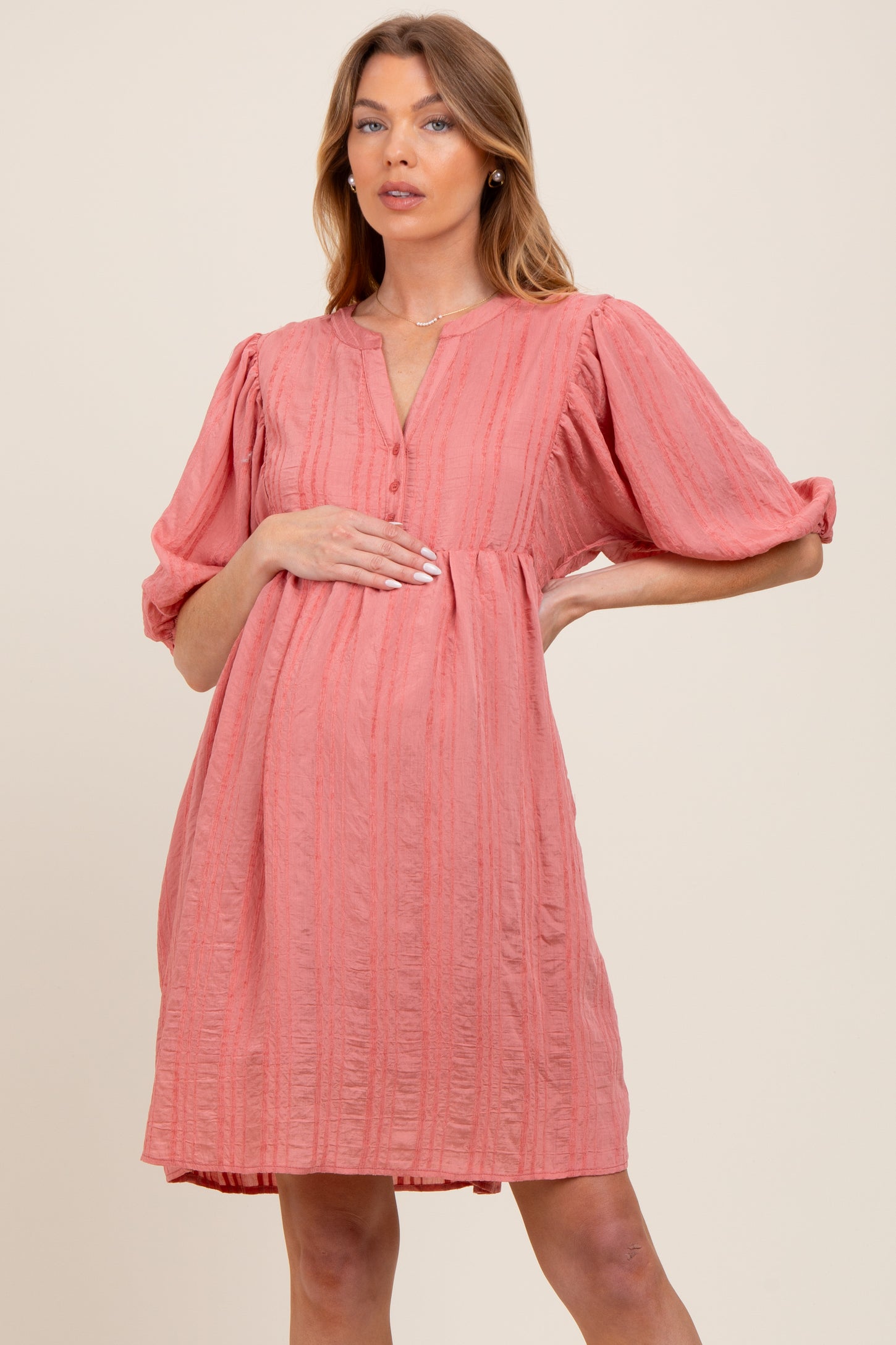 Mauve Sheer Stripe Textured Maternity Mini Dress